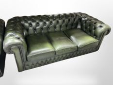 A Chesterfield green button leather three seater settee and matching armchair