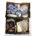 Two boxes containing Ringtons blue and white caddies and collectors plates, German glazed vase,