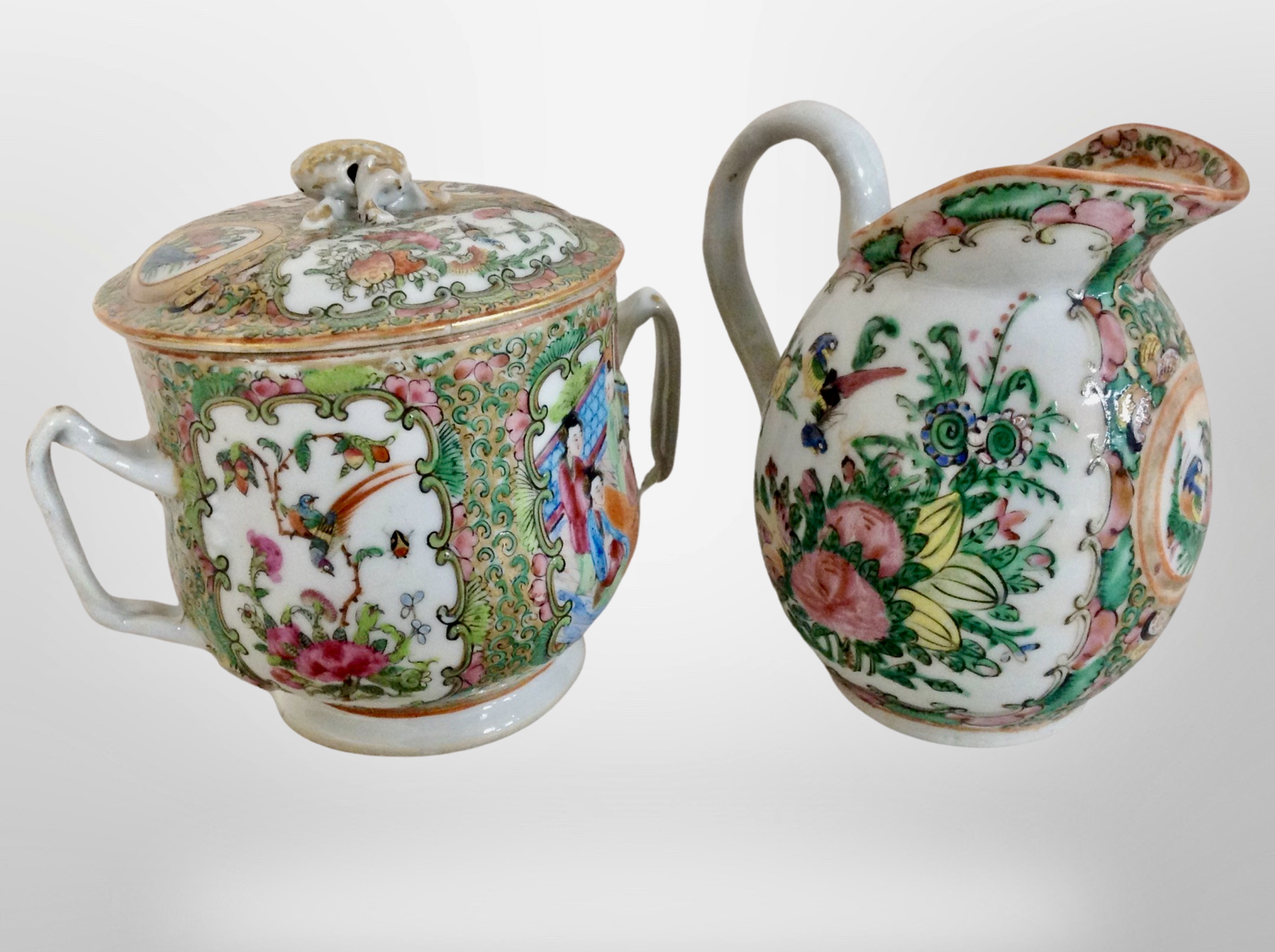 A 19th century Canton porcelain twin handled lidded pot and further jug, tallest 12.