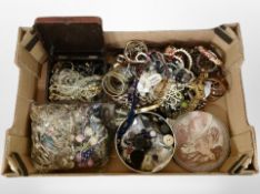 A box containing Japanese lacquer jewellery box, costume jewellery, bangles, bead necklaces,