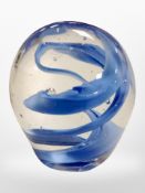 A heavy glass blue swirl paperweight/ dump, height 13cm.