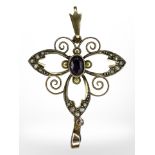 An Edwardian 9ct yellow gold seed pearl and amethyst pendant, length including bale 41 mm.