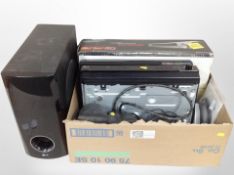 A box containing Samsung DVD recorders, a pair of LG speakers, Bose speaker.
