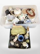 Two boxes containing various ceramics and ornaments, kitchen storage jars, Nao figure of a boy,