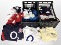 Two crates containing sports clothing for rugby, golf, Newcastle United tie, etc.