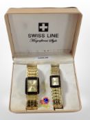 A Swiss Line lady's and gents wristwatch on gilt bracelet strap, boxed.