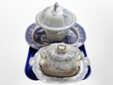 A 19th century blue and white willow pattern meat plate, two lidded tureens, etc.