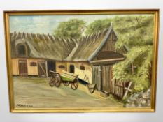 M Waring : A hay cart beside a barn, oil on board, 96cm x 64cm.