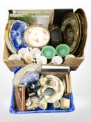 A crate containing embossed brass chargers, ceramics, rolls razor in box,
