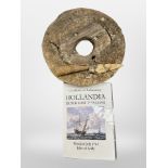 An antique ship's wooden pulley, diameter 24cm, by repute from The Hollandia, wrecked 1743,