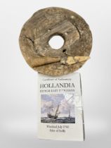 An antique ship's wooden pulley, diameter 24cm, by repute from The Hollandia, wrecked 1743,