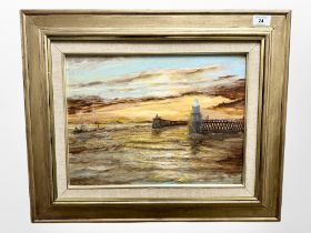 20th century school : Sunset at the mouth of the Tyne, 39cm x 29cm.