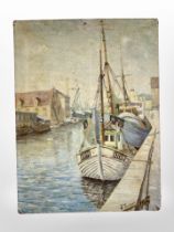 F Poulson : Fishing boats in a dock, oil on canvas, 45cm x 59cm.