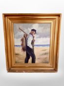 Continental School : Bearded man on beach with coast beyond, oil on canvas, in gilt frame.