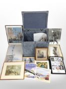 A wicker hamper containing assorted pictures and prints, including local scenes, old master prints,