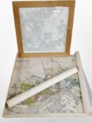 A framed map of Newcastle upon Tyne and two further rolled maps of Newcastle.