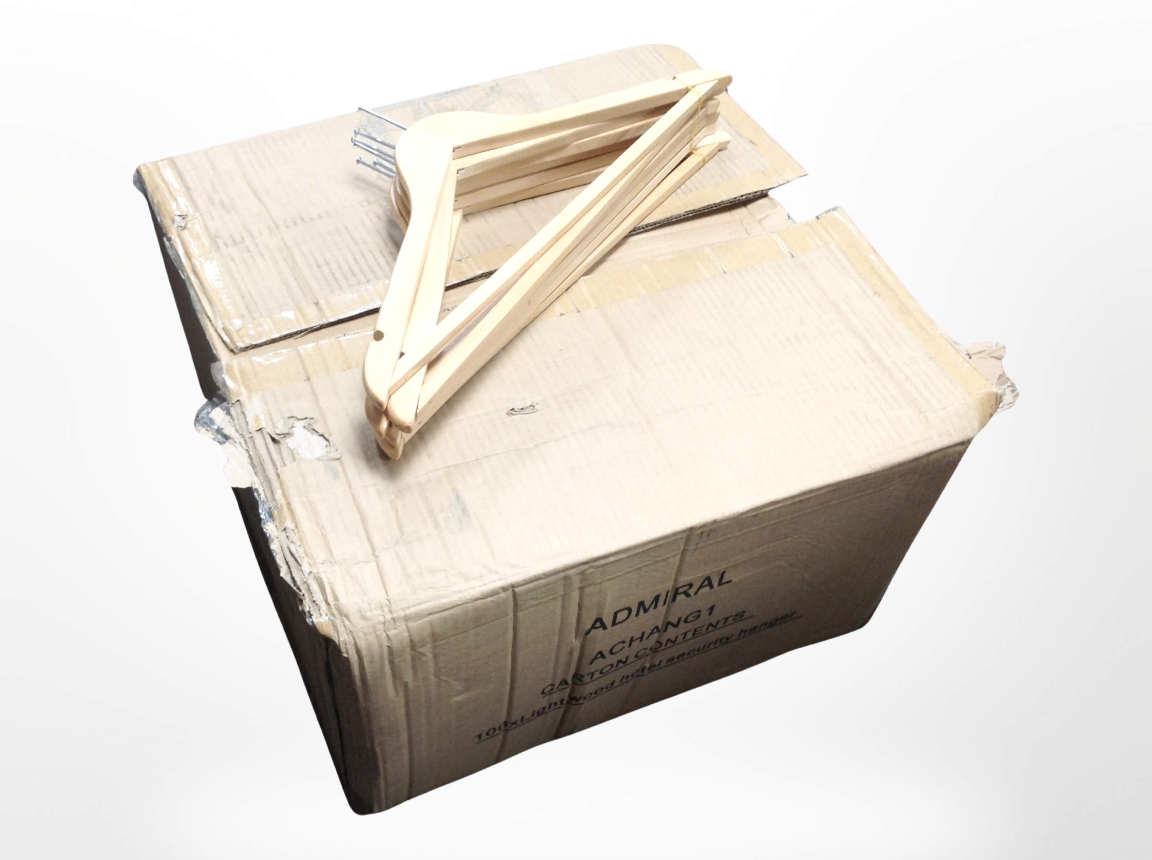 Two boxes of contemporary clothes hangers.