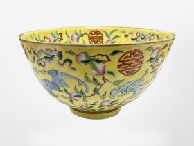 A Chinese Yellow-ground Famille Rose 'Longevity' bowl, Guangxu late 19th century,
