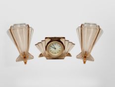 A three-piece Art Deco glass clock and vase garniture by Walther & Sohne