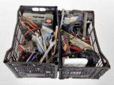 Two crates containing power and hand tools, including jigsaw, spanners and chisels,