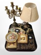 A brass five-sconce table candelabrum, together with several miniature still life oil paintings,