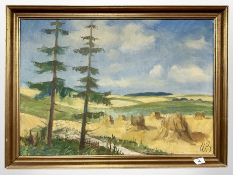 Danish School : A view across farmland, oil on canvas, 75cm x 49cm.