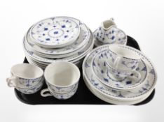34 pieces of Denmark blue and white tea and dinner porcelain.