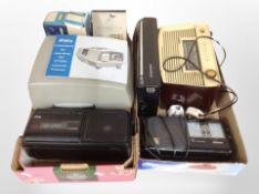 A box containing vintage and later radios, Aldis projector, etc.