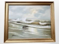 Schubert : Waves crashing on rocks, oil on board, 50cm x 39cm.