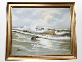 Schubert : Waves crashing on rocks, oil on board, 50cm x 39cm.