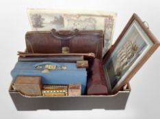 A box containing leather satchel and other cases, inlaid trinket boxes, unframed map of Durham,