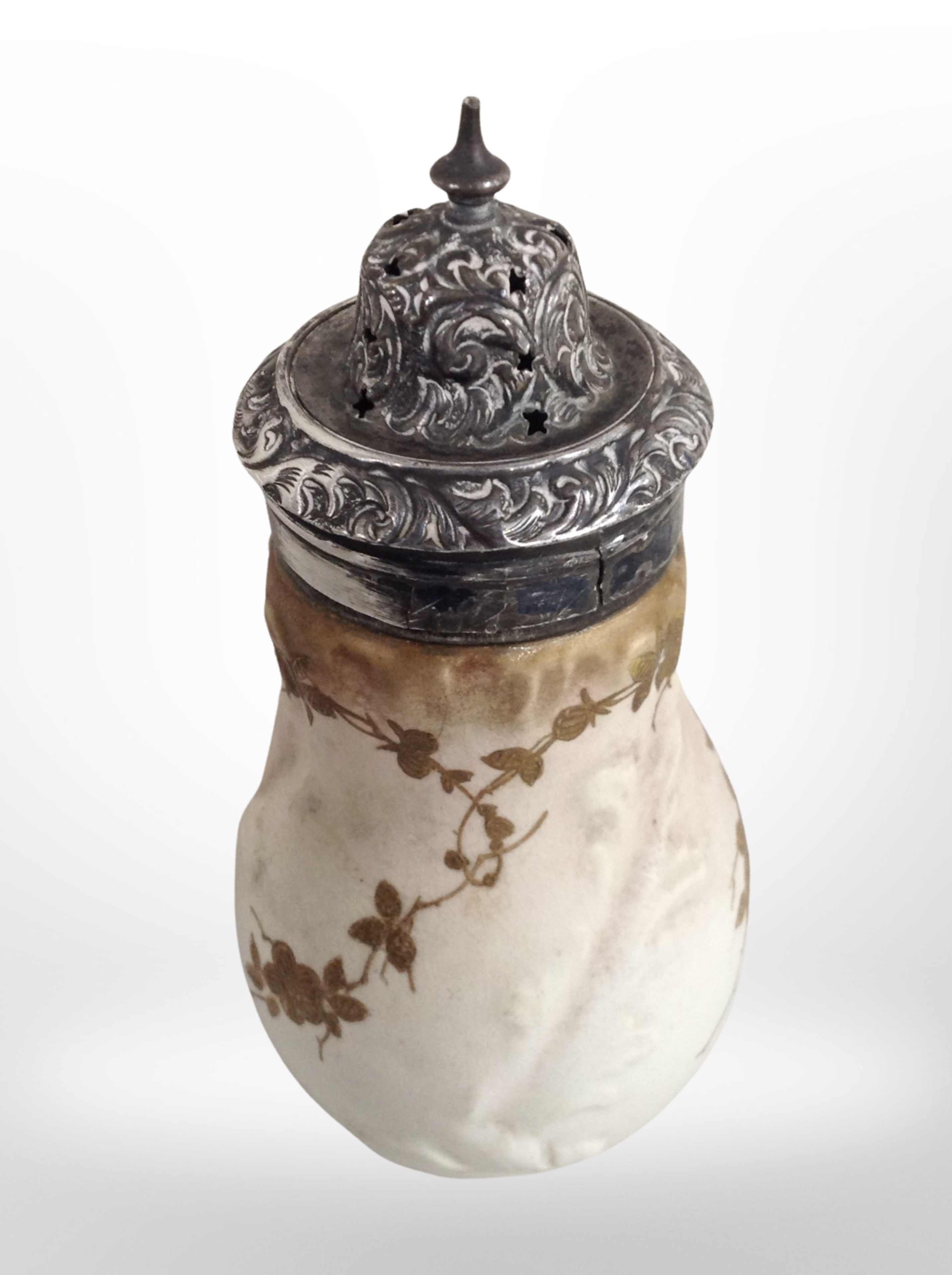 A silver-mounted scent bottle (as found), height 16cm, and a silver-mounted ceramic sugar caster. - Image 2 of 2