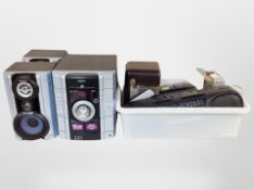 A Sony mini-HiFi component system with speakers, and a further box containing bakelite radio,