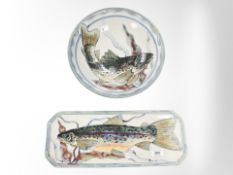 A Highland Stoneware fruit bowl, diameter 30cm, and further rectangular dish decorated with fish.