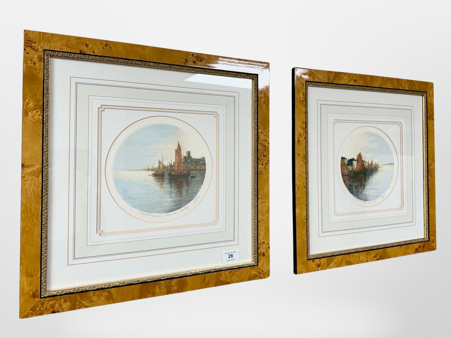 A pair of hand-coloured engravings, signed in pencil, depicting sailing boats in still water,