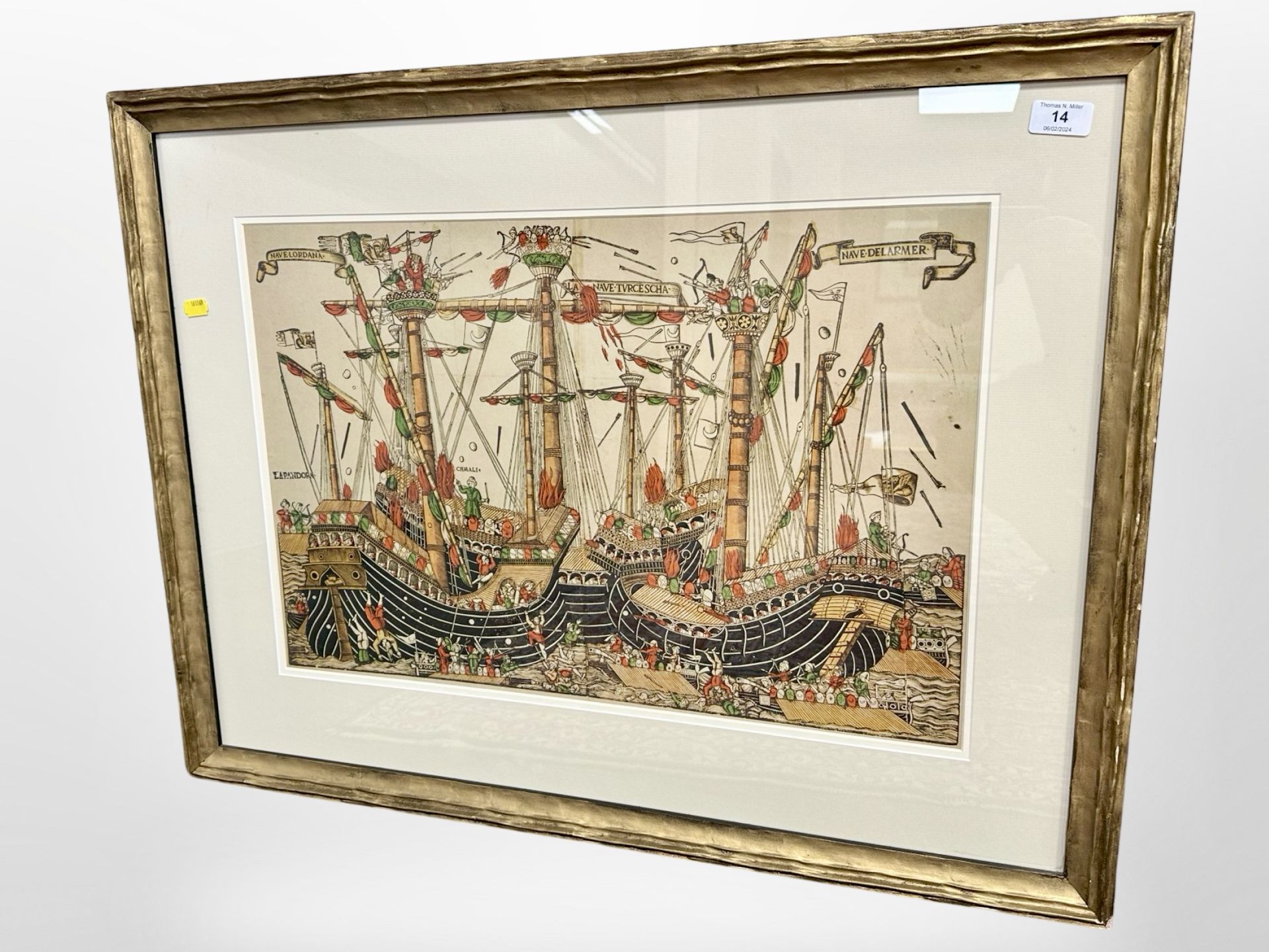 A colour print depicting the Battle of Zonchio in 1499, 60cm x 41cm.