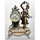 A 19th century spelter and marble 8-day French mantel clock, height 42cm.