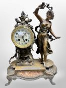 A 19th century spelter and marble 8-day French mantel clock, height 42cm.