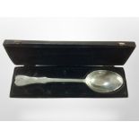 A Norwegian pewter basting spoon in presentation box, length 35cm.