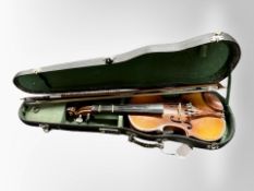 A Chinese child's violin with two-piece 11" back in case with bow.