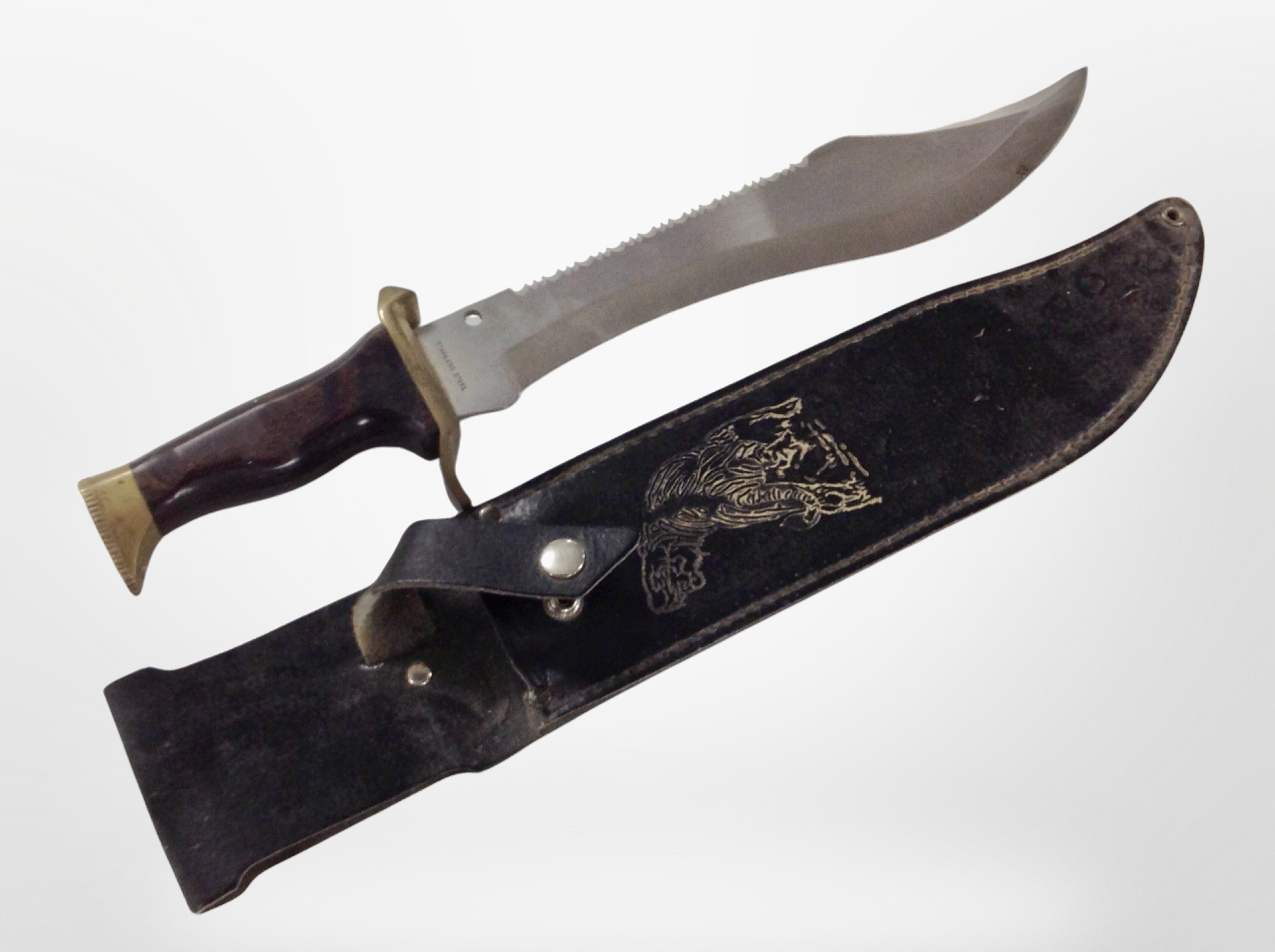 A stainless steel hunting knife with wooden handle and brass pommel, blade length 30cm,