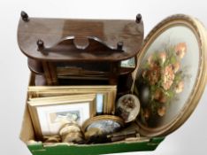 A box containing glazed single-door wall cabinet, an oval gilt-framed still life of flowers,