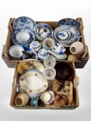 Two boxes containing oriental export blue and white tea bowls, other ceramics, ginger jars,