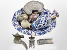 A blue and white soap dish containing three small Japanese cloisonné vases, tallest 10cm,