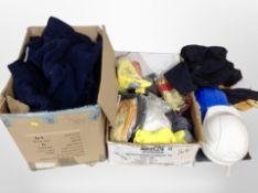 Two boxes containing work clothing, hard hats, high-visibility jackets, gloves, thermal tops.
