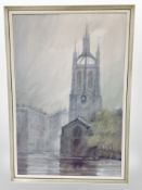 20th Century School : A cathedral , oil on canvas, 75cm x 50cm, indistinctly signed.