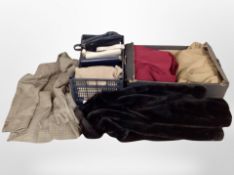 Two boxes containing various clothing, simulated fur coat, lady's bags, tweed jackets, etc.