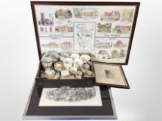 A box containing Japanese lustre coffee china, a 19th century hand-coloured engraving of Durham,