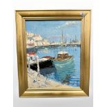 Continental School : Boats in a harbour, oil on board,