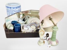 A box containing Art Deco frameless mirror, assorted ceramics,